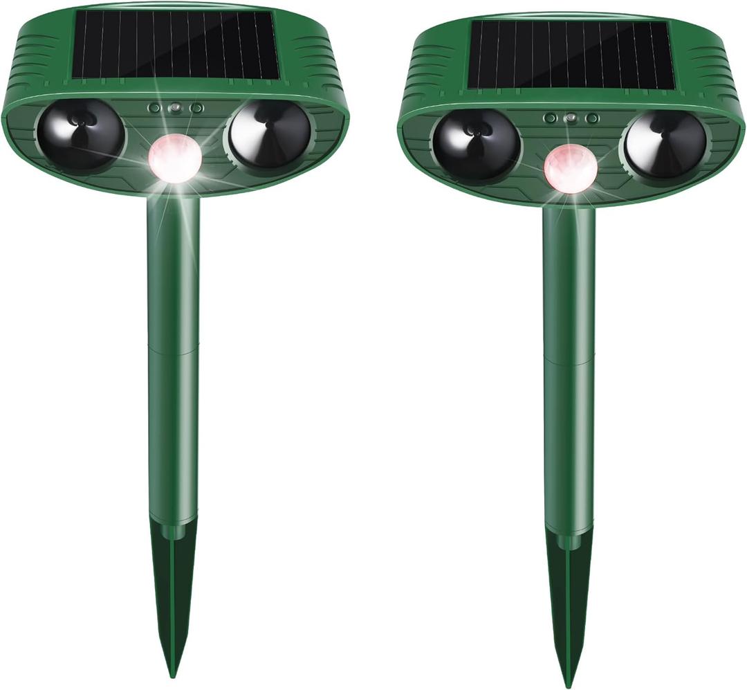 2 Pack Solar Animal Repeller Outdoor, Cat Deterrent with Ultrasonic & Flashing LED - Night Time Motion Activated Pest Control for Garden Yard to Repel Cats, Raccoons, Deer, Skunks, Squirrels