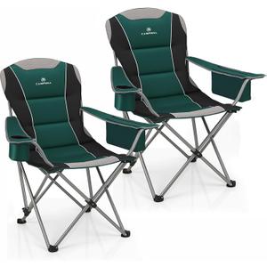 2 Pack Camping Chairs for Adults - Oversized Folding Lawn Chair with Angled Backrest,Heavy Duty 400lbs,Padded Camp Chairs with Cup Holder Side Pocket Cooler Bag for Outdoor,Sports,Beach,Fishing,Green, 2PCS