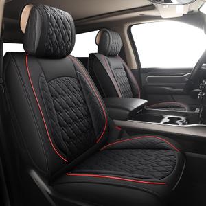 Car Seat Covers for Dodge Ram Full Set,Fit Ram 2009-2026 1500/2500/3500 Pick-up Truck,Crew,Regular,Quad,Mega Cab,Waterproof Leather Seat Covers Protectors（5 PCS Full Set,Black/Red）