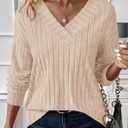 PRETTYGARDEN Fall Fashion 2026 Long Sleeve Shirts for Women Ribbed Knit V Neck Dressy Casual Lightweight Sweaters Tunic Tops (Beige, L)