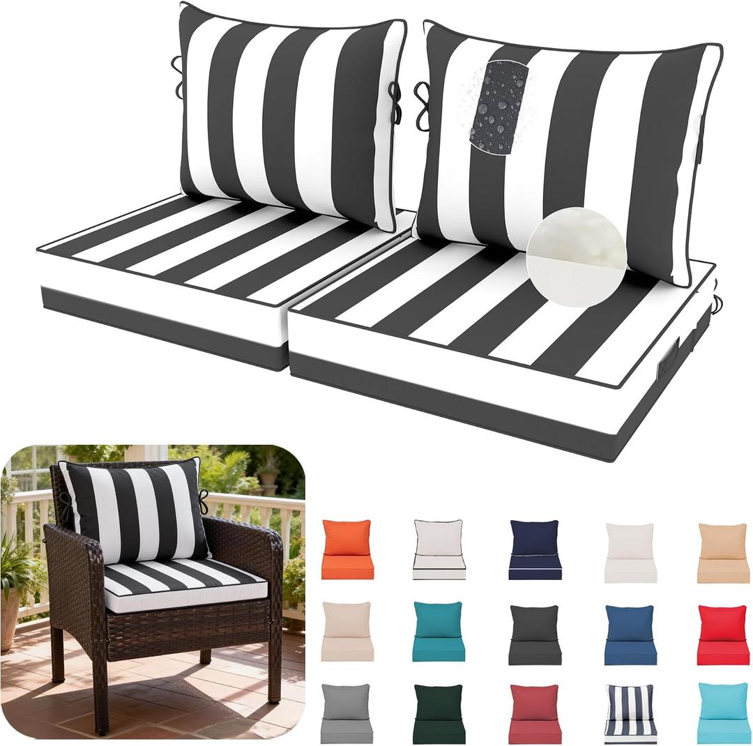 22X24-2set,Outdoor Chair Cushions, 30D High-Density Foam Patio Chair Cushions, Water-Resistant UV 2000H Color Fastness Outdoor Seat Cushions for Patio Furniture Sofa,Black White Stripe