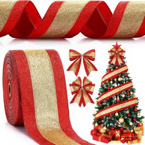 Craftsatin Christmas Glitter Wired Ribbon 4 Inch Wide Stripe Wired Edge Ribbon Holiday Fabric Ribbons for Decor Gift Wrapping Bows Xmas Tree Wreath Garland DIY Crafts (Gold with Red Edge,40 Yard)