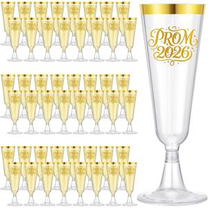 Jingmore 48 Pack Prom 2026 Plastic Graduation Champagne Flutes 5 oz Disposable Graduation Cocktail Cups Transparent Mimosa Glasses Party Favors Drinkware for Graduate Party(Prom 2026,Gold)