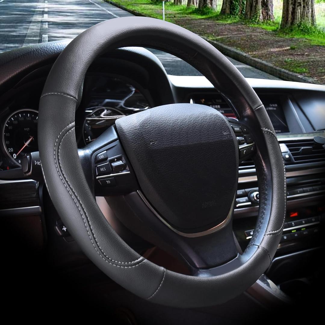 Elantrip Black Stitching Steering Wheel Cover - Universal Fit for 14 1/2 inch to 15 Inch Steering Wheels, Enhances Grip, Protects Steering Wheel, Adds Style