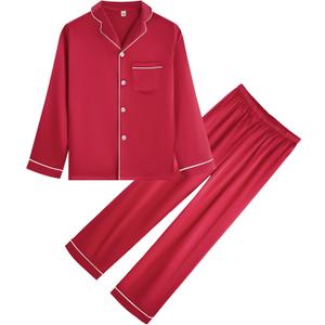 Kid Silky Satin Pajamas Set for Girls Boys pj Set Sleepwear Button-up Lounge Sets Nightwear (6-7 Years, Maroon Red)