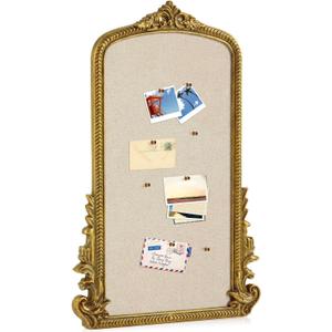 Wonderjune Vintage Framed PinBoard Linen Display Bulletin Board Large Cork Fabric Picture Photo Memo Pinboard Fancy Ornate Decorative Vision Board for Wall(Arch,19" X 31",Gold), 30.7" x 18.9"