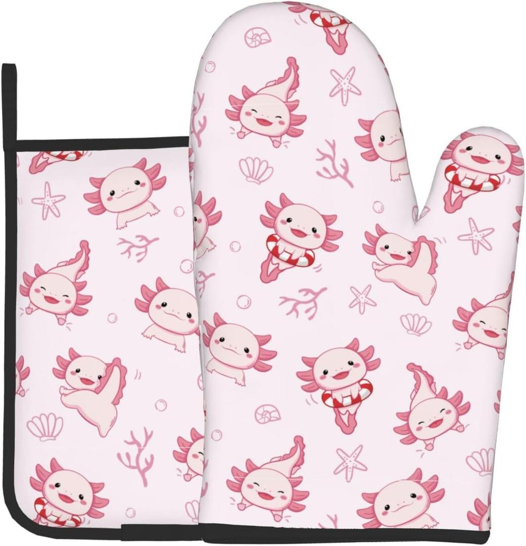 Cute Cartoon Axolotl Oven Mitts and Pot Holders Heat Resistant Oven Mitts Safe for Baking Cooking BBQ