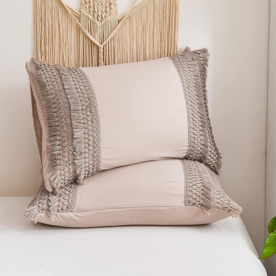 Taupe Tassel Pillowcases, Khaki Standard Pillow Cases Set of 2, Soft Washed Microfiber, Taupe Handmade Tassel Pillow Cover, 2 Pack (Queen, Taupe Tassel)