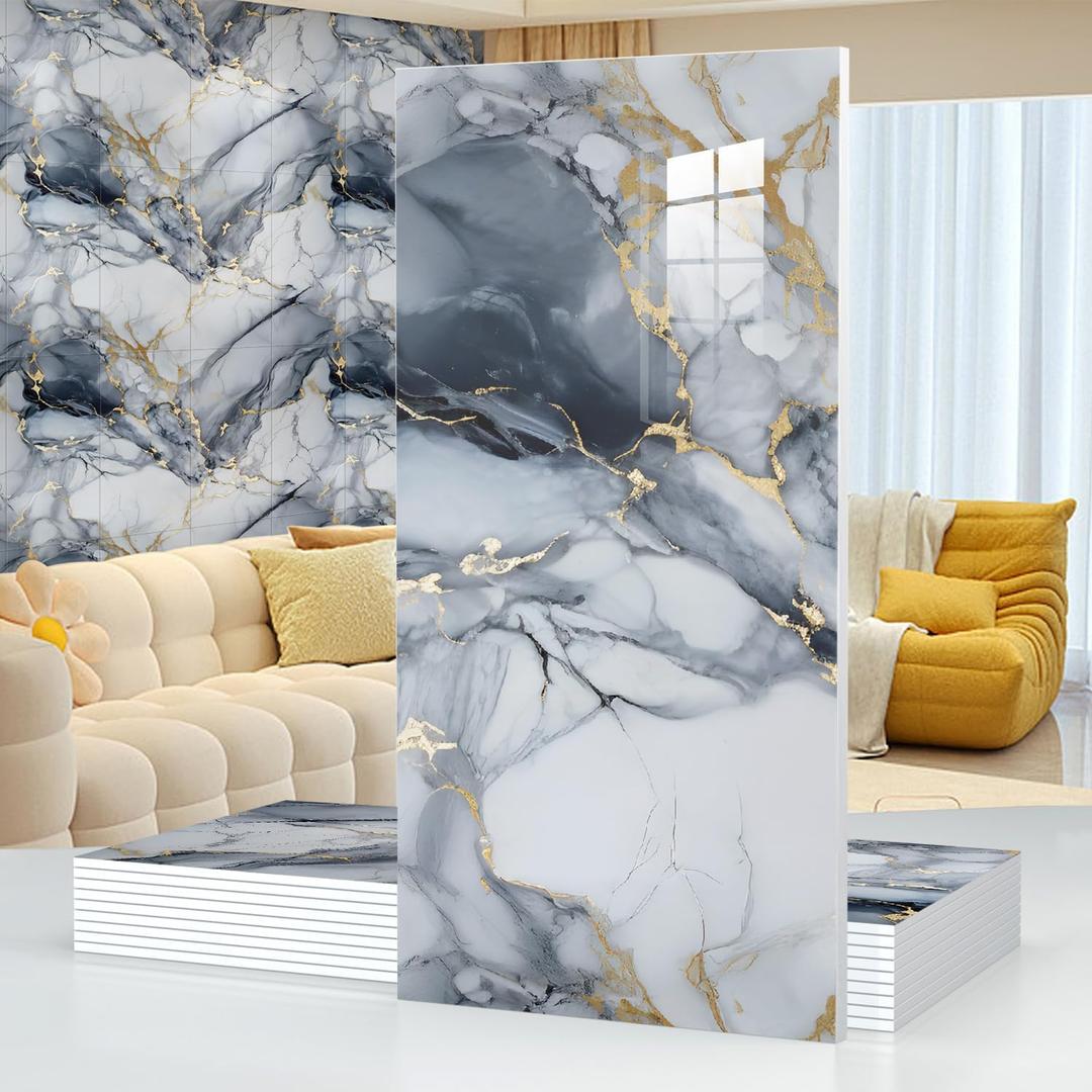 10pcs Thick Marble Peel and Stick Waterproof Wall Panels,Heat-Resistant Backsplash Tile, 23.6"x11.8" PVC Foam Wall Sticker for Kitchen,Living Rooms,TV Walls,Blue and Gold (Not Real Tile 19.4Sq. Ft.)