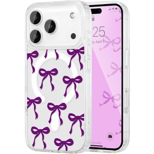 UEEBAI Magnetic for iPhone 17 Pro Max Case, Bow Case Compatible with MagSafe, Wireless Slim Clear Ribbon Aesthetic Phone Cover Anti-Yellowing Shockproof Protective Cover for Women Girl - Purple