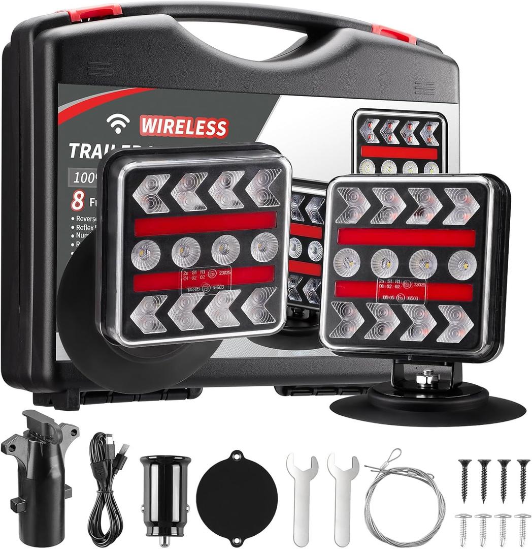 USB-C Wireless Trailer Lights Kit with Reverse, IP67 Waterproof Magnetic LED Tow Light for Towing, Tail, Brake, Turn Signal for Car, Boat, Camper, RV (B-Type)