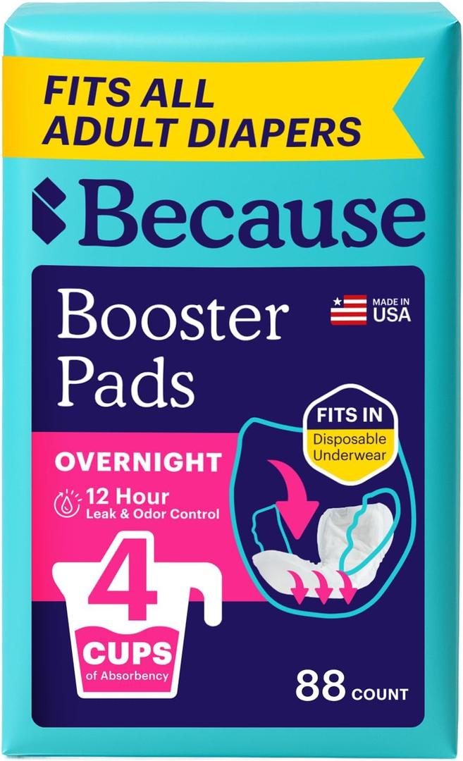 Because Overnight Booster Pads Fit All Adult Diapers, Helps Keep Your Adult Diaper Active All Night, Adds 4 Cups to Incontinence Underwear, Extra Absorbency, 88 Count (M)