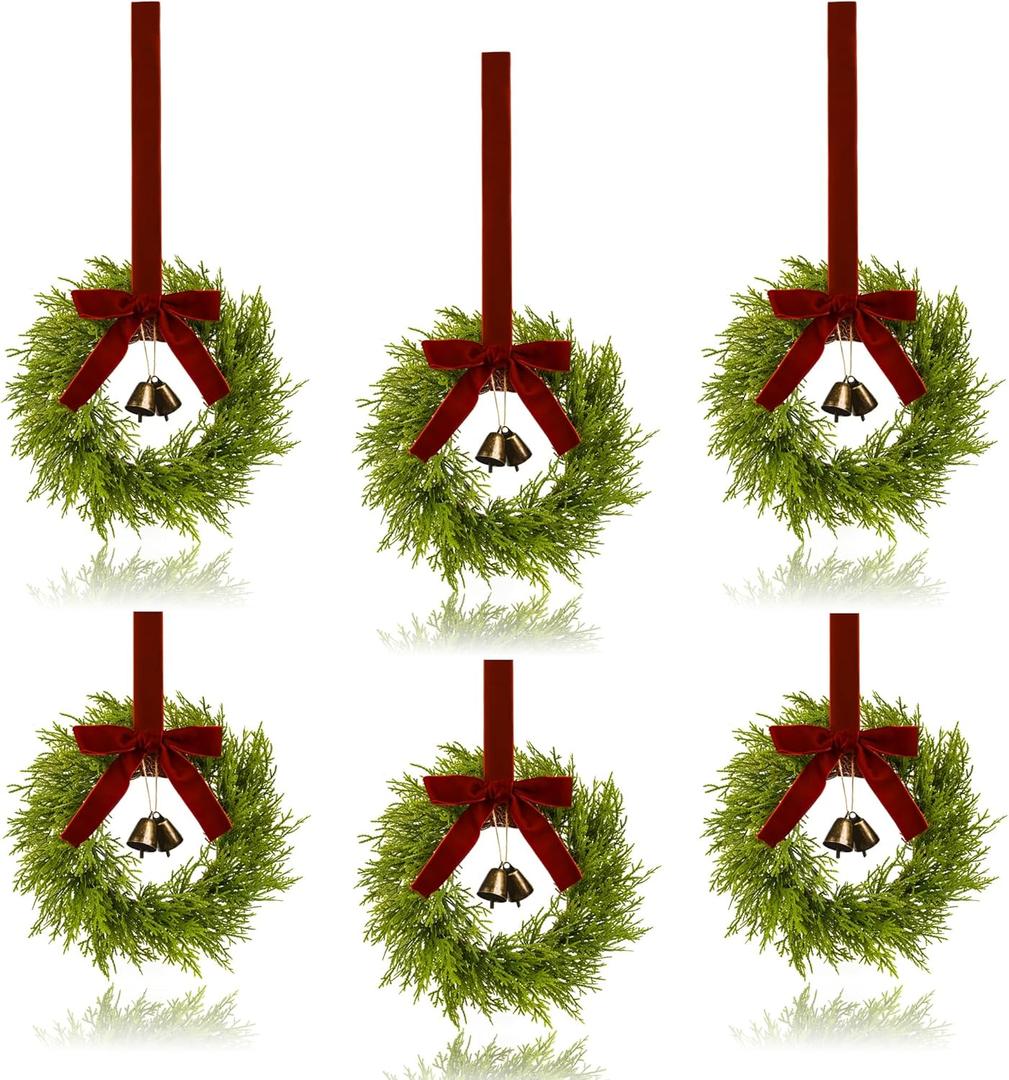 6Pcs Mini Christmas Wreath, 12 Inch Small Wreaths for Kitchen Cabinets, with Deep Red Bow Vintage Bells Pine and Cypress Leaves for Fireplace Window Farmhouse Indoor Home Decorations