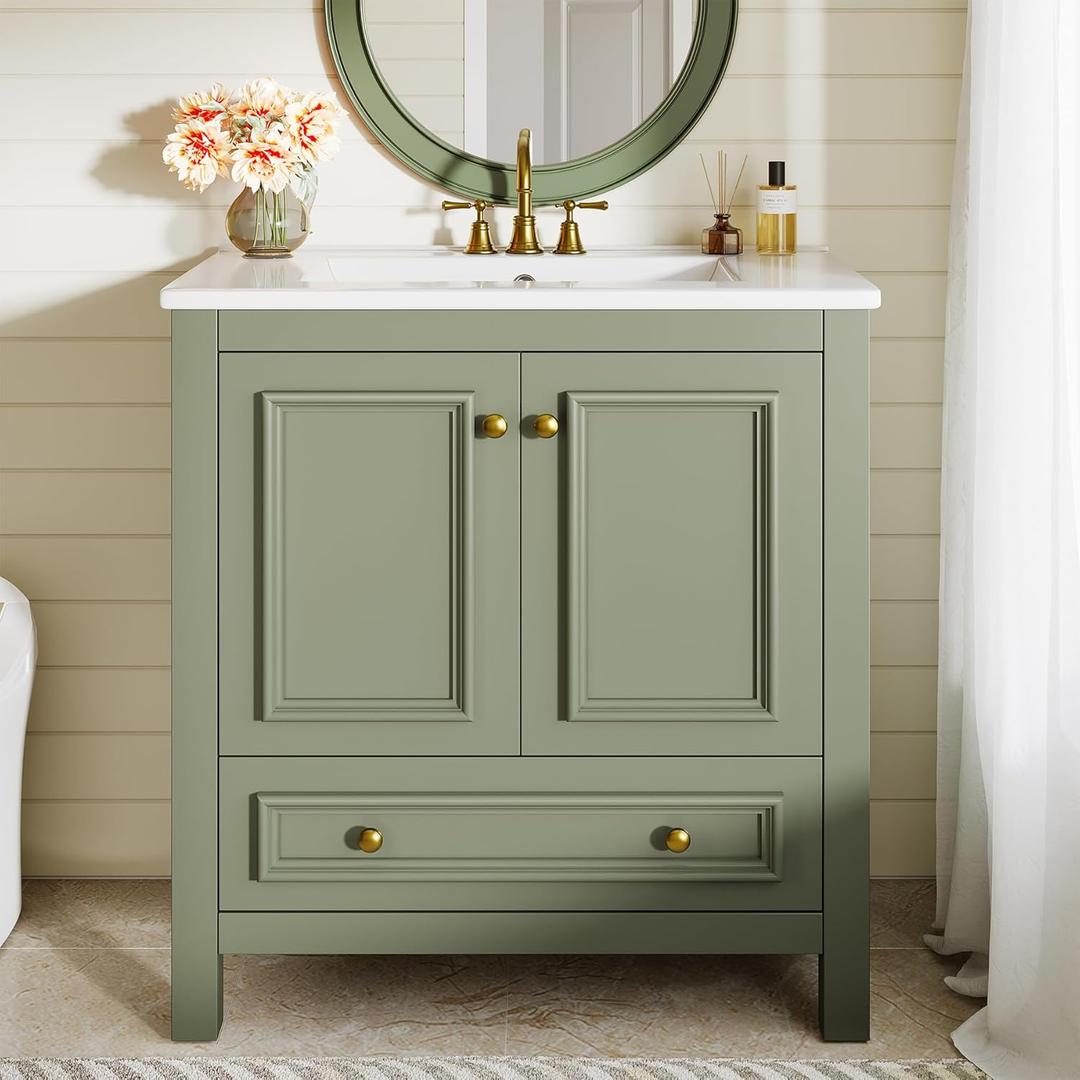 Tribesigns 30" Modern Bathroom Vanity with Sink, Freestanding Bathroom Vanities Cabinet Combo, Bathroom Sink Cabinet with 2 Doors and 1 Drawer, Solid Wooden Frame, Olive Green