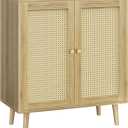 Huuger Buffet Cabinet with Storage, Storage Cabinet with PE Rattan Decor Doors, Accent Sideboard Buffet with Solid Wood Feet, for Hallway, Entry, Living Room, Natural