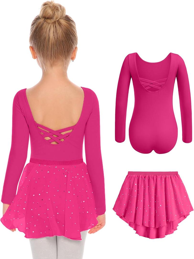 Zaclotre Girls Ballet Leotards Toddler Long Sleeve Crisscross Back Dance Dress Outfit with Removable Shiny Skirt Combo (6-7 Years, Hot Pink)