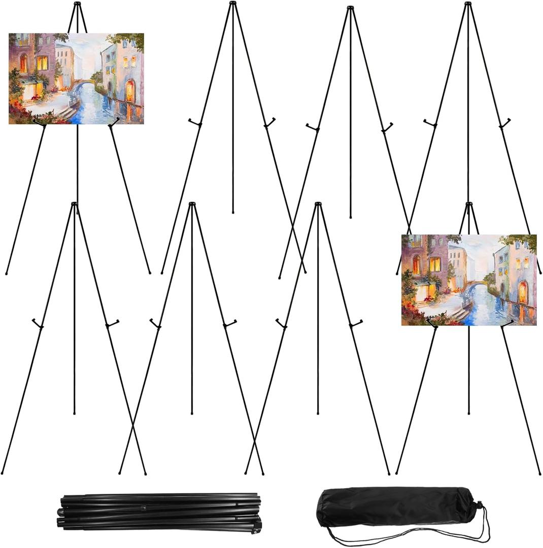 8 Pcs Easel Stand for Sign 65 Inches, Portable Picture Stands for Display, Tripod Artist Easel for Painting, Floor Wedding Welcome Sign Stand, Balck Metal Painting Easel with Portable Bags