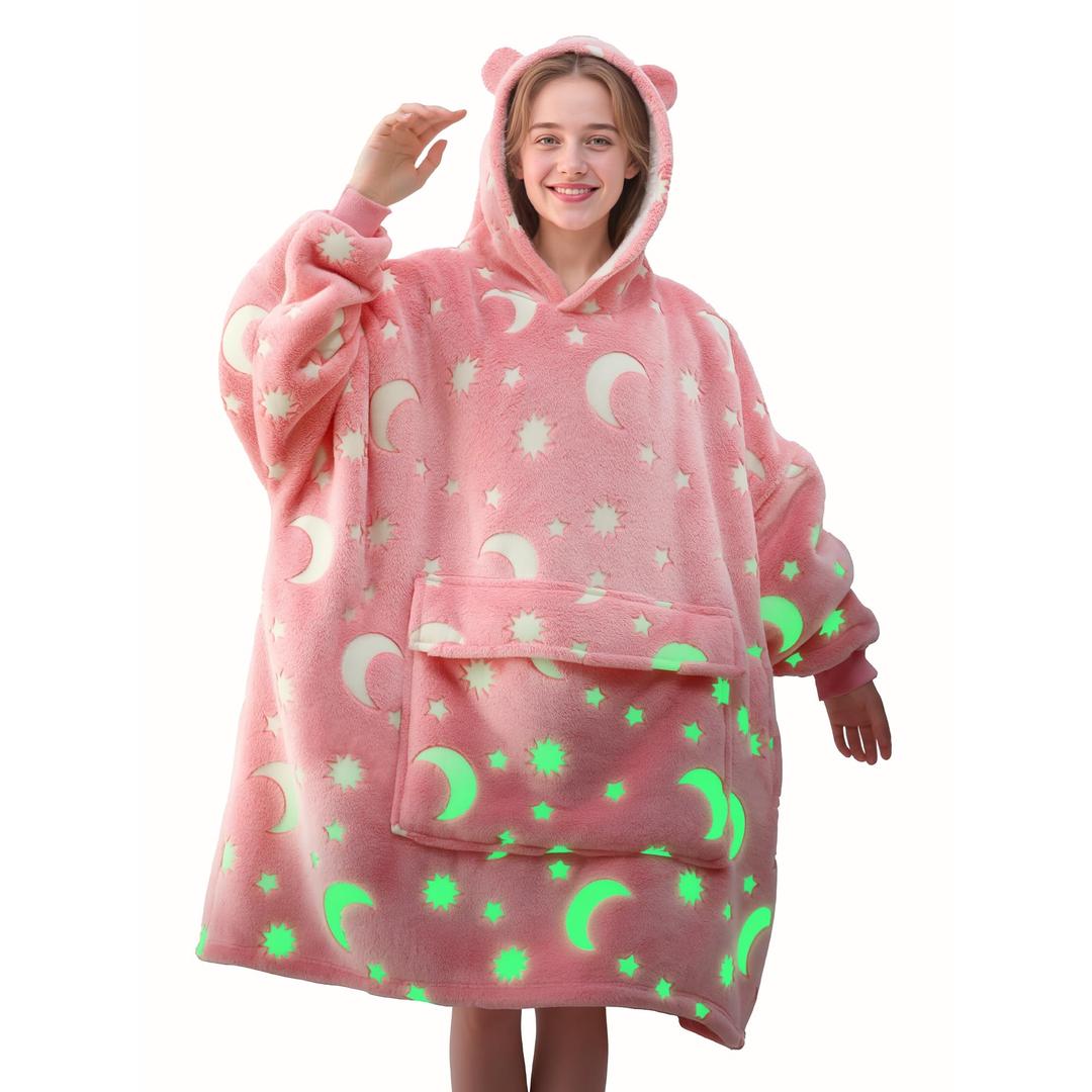 Yoofoss Wearable Blanket Hoodie, Oversized Glow in the Dark Sherpa Fleece Blanket with Pocket, Cozy Sweatshirt Blanket for Women and Teens Ages 13 and Up, Pink