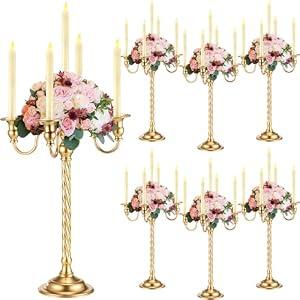 Tanlade 6 Pack Gold Candelabra Bulk Tall Metal Candle Holder Table Centerpieces 5-Arm Taper Candlestick Floral Flower Floor Candle Stand for Wedding Valentine Holiday Birthday Party Decor(21 Inch)