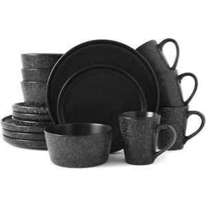 Bestone 16 Piece Round Kitchen Dinnerware Sets,Plates and Bowls sets,Dishes, Dinner Plates, Cereal Bowls SetBowls, Mugs, Dish SetPlates and Bowls,Service for 4, Stoneware Dinnerware, Black Matte