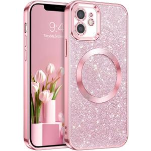 DOMAVER for iPhone 12 Phone Case Magnetic [Compatible with MagSafe] Luxury Clear Glitter Shockproof Protective Cover Full Camera Lens Protector Women Girls- Pink