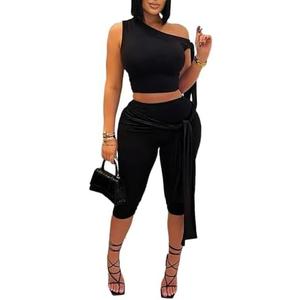 Vssjavun Women's 2 Piece Outfits Sexy Sleeveless One Shoulder Crop Tops Bodycon Capri Pants Sets size L