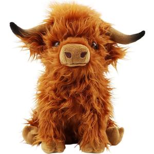 Stuffed Animals Highland Cows Cute Stuff Fluffy Cattle Dolls Skeleton Toys Figure Pillows Birthday Presents for Baby Kids Girls Boys Toddler Preschool Realistic Plush Décor (11 inches, Brown)