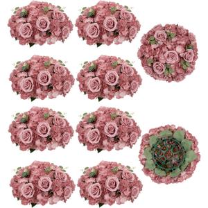 BLOSMON Artificial Flower Balls Wedding Centerpieces 10pcs 15.7" Large Dusty Pink Fake Flowers Rose Hydrangea Ball Arrangement Center Pieces for Table Silk Floral Bouquet for Wedding Party Home Decor,Diam 15.7" - 10 Pcs, Dusty Rose