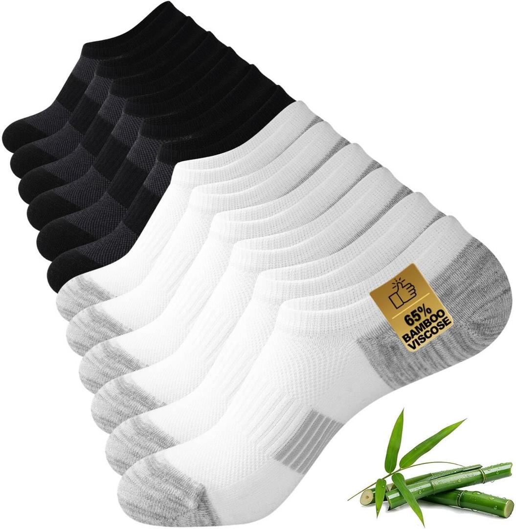 No Show Socks Men, Rayon from Bamboo Low Cut Thin Ankle Short Footies Non Slip Seamless Socks for Sneakers 6 Pairs (10-13, 3 White+3 Black)