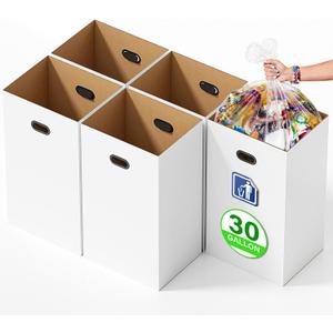 5 Pack Disposable Trash Cans for Parties, 30 Gallon Collapsible Pop Up Trash Can with Handle, Thick Recycled Cardboard Bins for Events, Camping & Parties, Includes 10 Pcs Large Garbage Bags