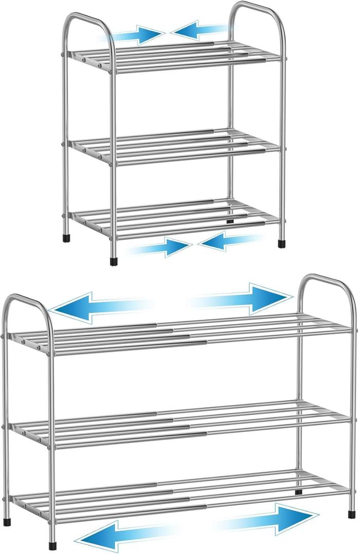3 Tier Expandable Shoe Rack for Closet, Stainless Steel Shoe Shelf, Strong Weight Capacity Shoes Organizer, Easy to Install and Saving Space Standing Shelf with Sturdy Frame(3 Tier)