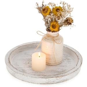 Romadedi Rustic Wooden Tray Candle Holder - Round Wood Decorative Pillar Candle Tray for Coffee Table Farmhouse Kitchen Countertop Organizer Home Decor Wedding Centerpiece, Distressed White
