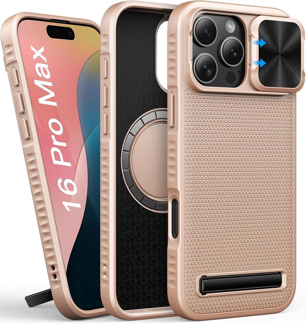 for iPhone 16 Pro Max Case with Kickstand, Slide Lens Cover, Slim Fit, Compatible with MagSafe, Military-Grade Drop & Camera Protection, Hard Magnetic Women Case for iPhone16 Pro Max, Rose Gold