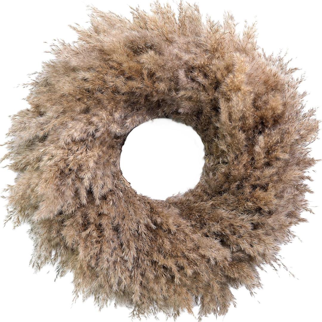 Natural Pampas Grass Wreath, 20'' Real Pampas Wreath for Front Door, Boho Wall Decor, Farmhouse Style, DIY Arrangement, Feather Wall Decor