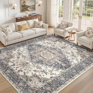 9x12 Washable Area Rugs for Living Room: Non Slip Vintage Beige Blue Rug, Large Soft Stain Resistant Indoor Floor Carpets for Bedroom Dining Room Nursery Home Office Kid & Pet Friendly