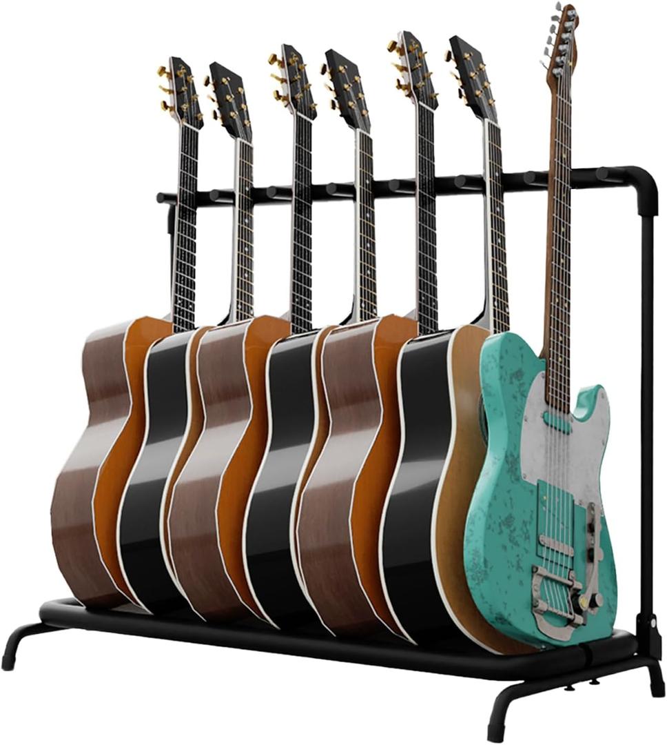 Flexzion 7 Guitar Stand Rack - Metal Construction Multi Guitar Rack & Guitar Organizer, Foldable 7 Guitar Holder Stand with Padded Foam Tubing for Electric, Acoustic, Classical Guitars & Basses