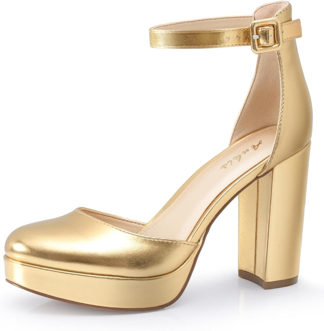Ankis Black Platform Closed Toe Heels for Women, Women's Heels Closed Round Toe Chunky Block Pumps Shoes, 4 Inch, Size: 10, Gold Pu