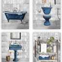 NIIORTY Retro Blue Theme Bathroom Wall Art, Farmhouse Decoration, Vintage Style Canvas Prints for Shower Room Restroom Decor, Set of 4, (8x10 Inch Unframed)