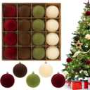 3.15" Velvet Christmas Ball Ornaments Set, 16 pcs Flocked Xmas Tree Decoration, Large Shatterproof Decorative Hanging Balls for Party Holiday Wreath Garland Home Dcor (Red Brown Green White)