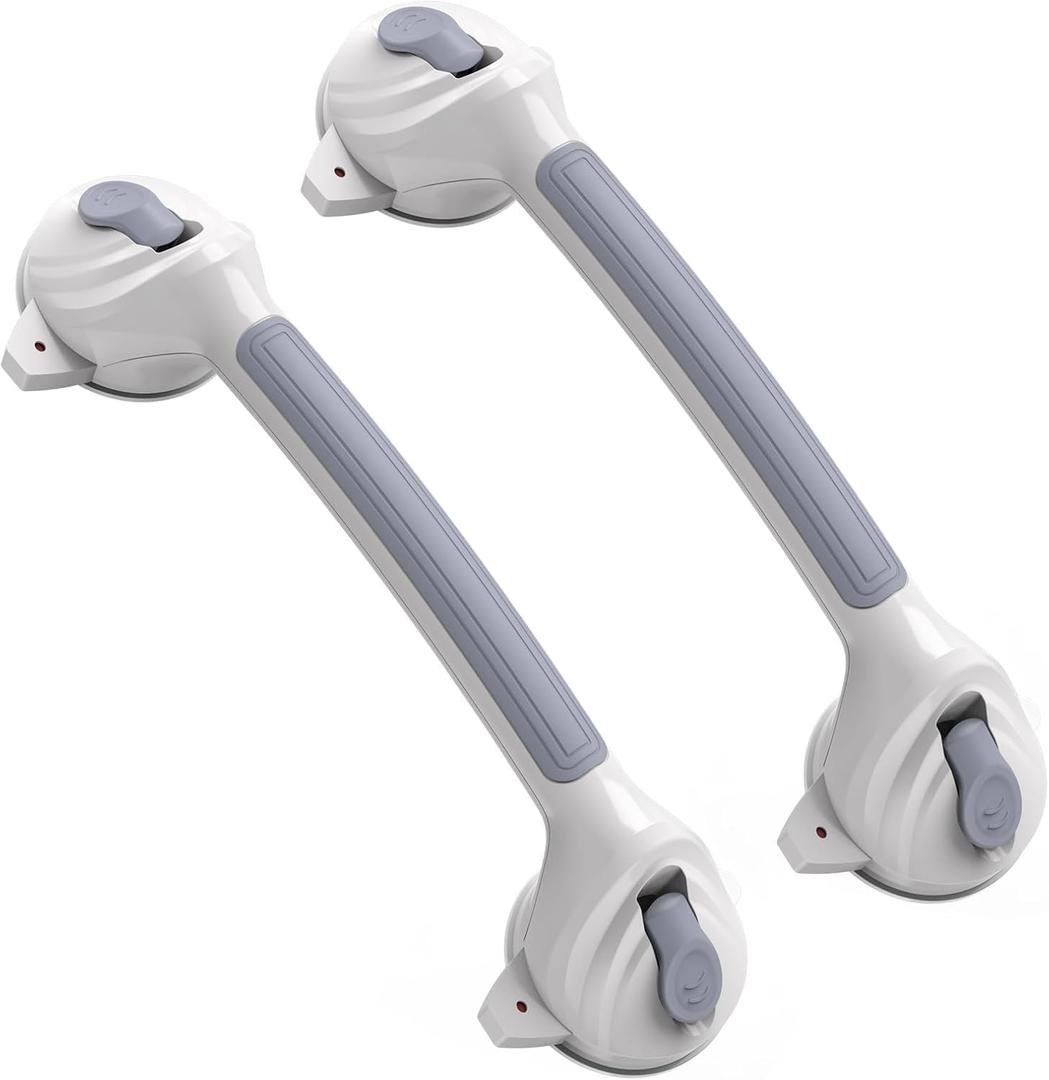 Grab Bars for Bathtub and Shower, 2 Pack Shower Handle with Strong Suction Cups, 16.8 Inch Bathroom Grab Bars for Seniors, Removable Shower Safety Handrail for Elderly, Drill Free, Waterproof (Grey+White)
