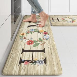 KIMODE Anti Fatigue Kitchen Mats for Floor 2 Piece,Farmhouse Floral Rugs Cushioned,Comfort Memory Foam Carpet Non Slip for Sink Laundry Office Bathroom,Beige 17"x47"+17"x29"