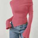 PRETTYGARDEN Womens Bell Long Sleeve Shirts Casual Cowl Neck Asymmetrical Slim Fit Crop Tops Y2K Going Out Spring Clothes (Pink, XXL)