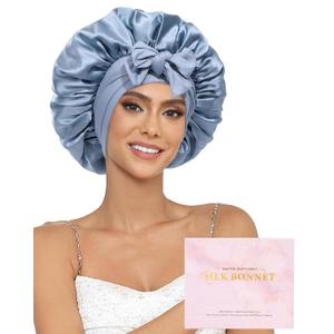 100% Mulberry Silk Bonnet for Sleeping Women Double Layer Silk Hair Bonnet Natural Silk Sleep Cap with Elastic Reversible Hair Wrap (Haze Blue + Sky Blue)