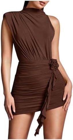 GORGLITTER Women's Flower Asymmetrical Bodycon Mini Dress Mesh Mock Neck Sleeveless Summer Cute Cocktail Prom Dresses, Small