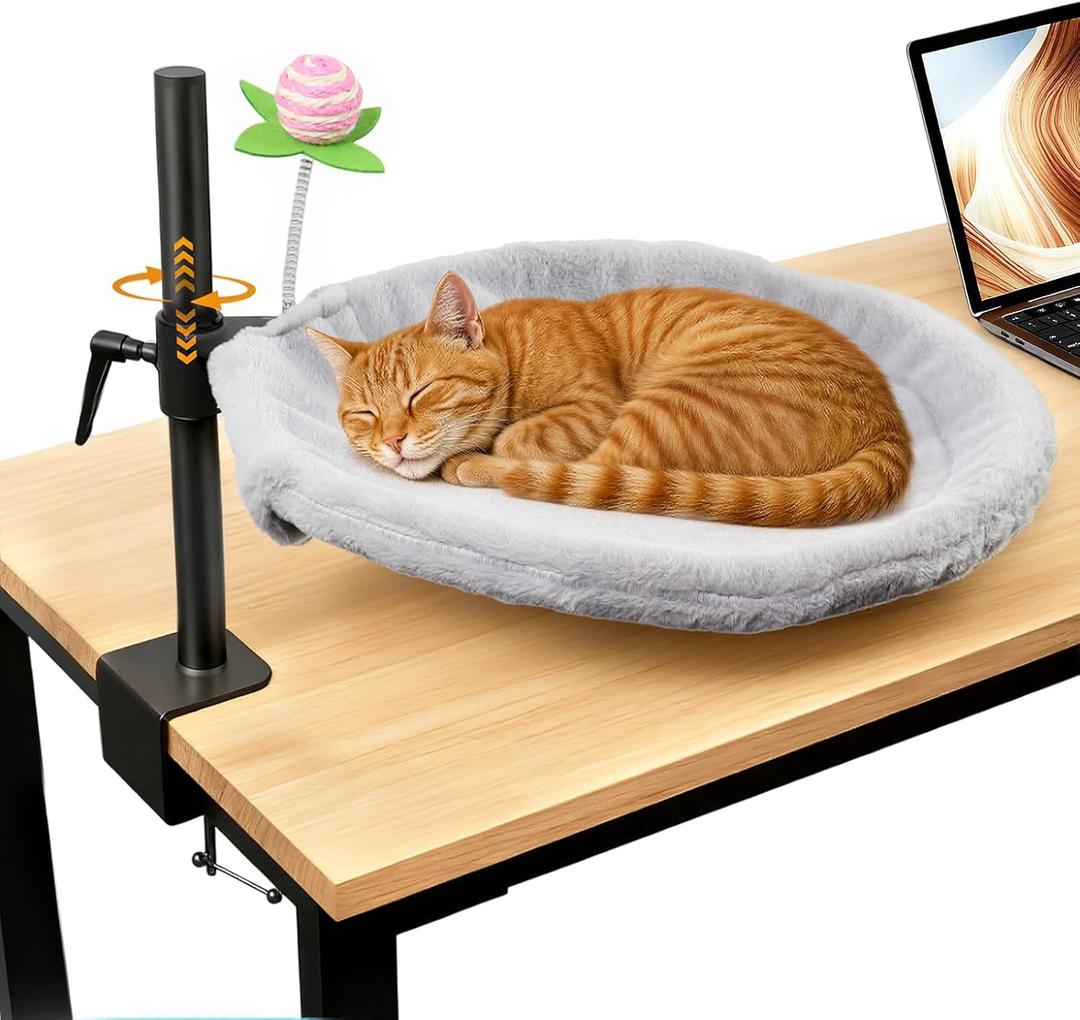 16-Inch Cat Desk Bed - 360 Rotating & Adjustable, Soft Faux Fur, Supports Up to 44lbs, Removable & Washable, Modern Indoor Cat Furniture for Office Desks, Gaming Tables & Island Tables (Round)