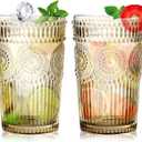 6pcs Vintage Drinking Glasses Set, 12 oz Tawny Highball Glasses, Embossed Ribbed Glassware Cups for Cocktail, Water, Juice, Coffee, Whiskey