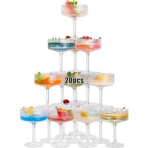 20Pcs Acrylic Martini Glasses, 10oz Shatterproof Plastic Champagne Tower, Unbreakable Ribbed Coupe Glasses, Art Deco Stem Cocktail Glassware Set, Manhattan Goblet for Wedding Birthday Party