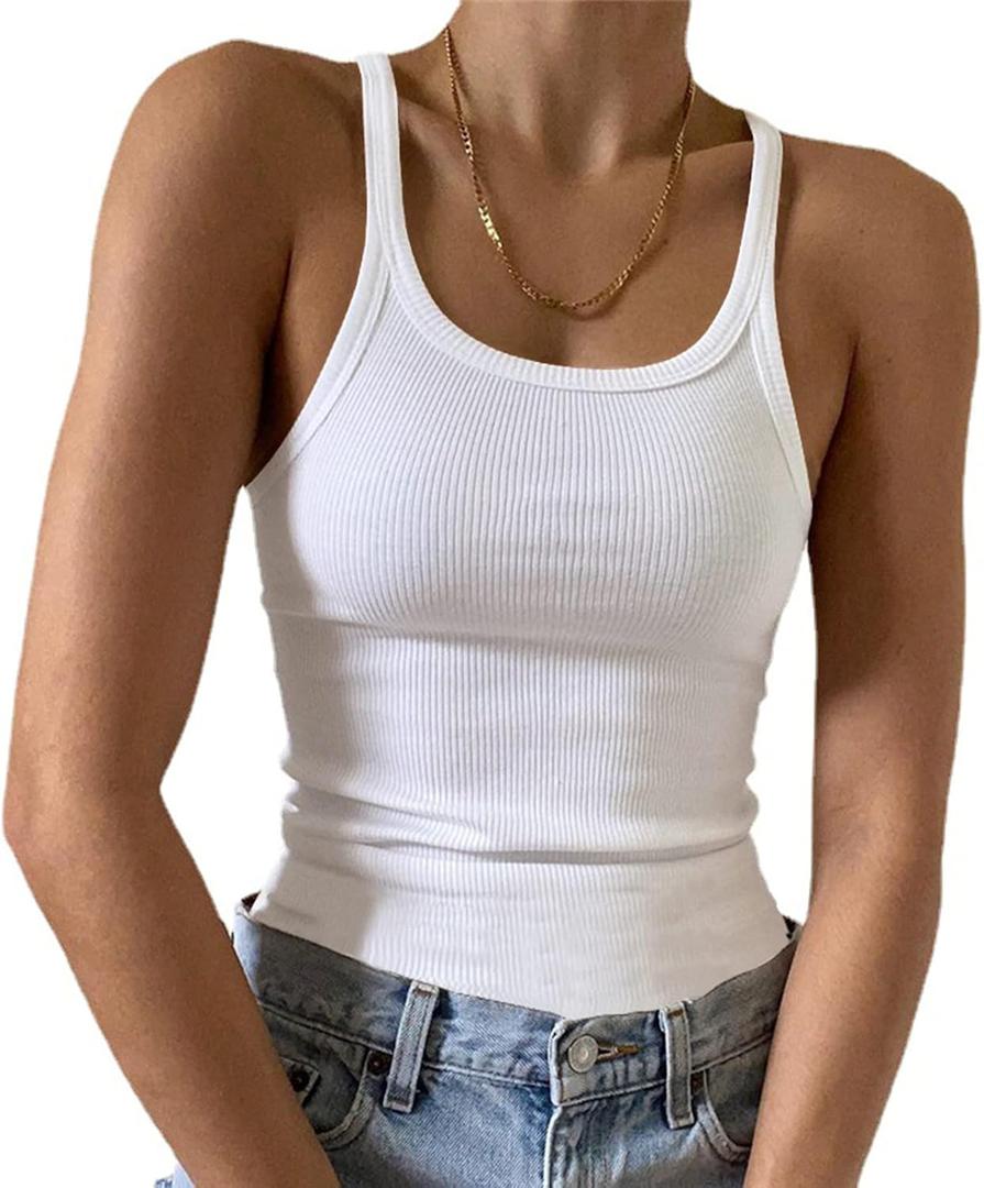 Artfish Women's Sleeveless Tank Top Form Fitting Scoop Neck Ribbed Knit Basic Cami Shirts (Full Length White, XS)