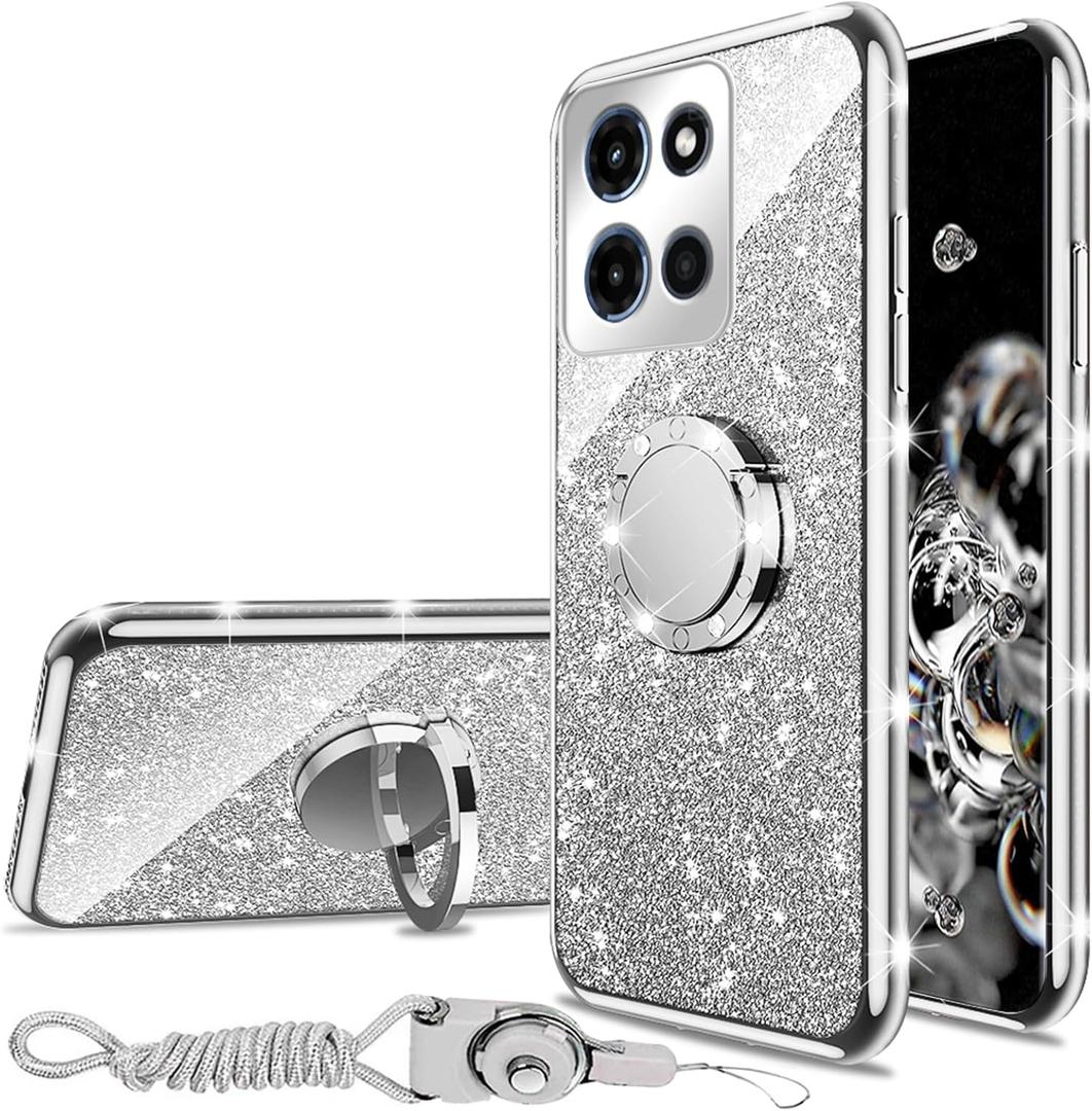 for Moto G Stylus 5G 2026/Motorola G Stylus 5G 2025/Edge 60 Stylus Phone Case (6.7-inch) with Ring Stand Lanyard Girls Women Men Cute Glitter Soft TPU Shockproof Protection Cover - Silver