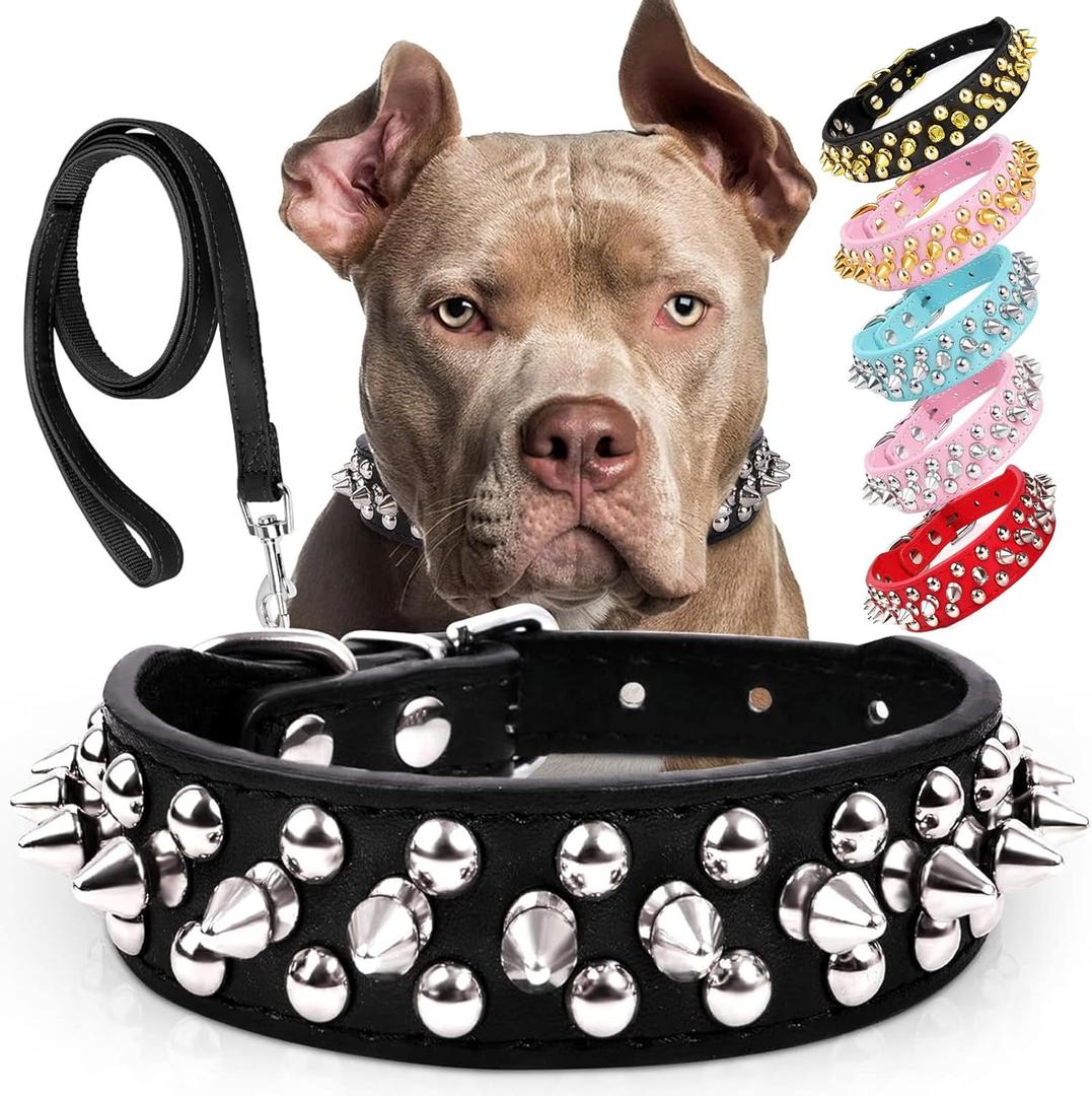 Dog Collars for Medium Dogs with Leash, Epesiri Spiked Dog Collar for Large Dogs, Dog Collar, Studded Rivet Pit Bull Leather Dog Collar Durable Cat Collar for Large Pet Gift, XL